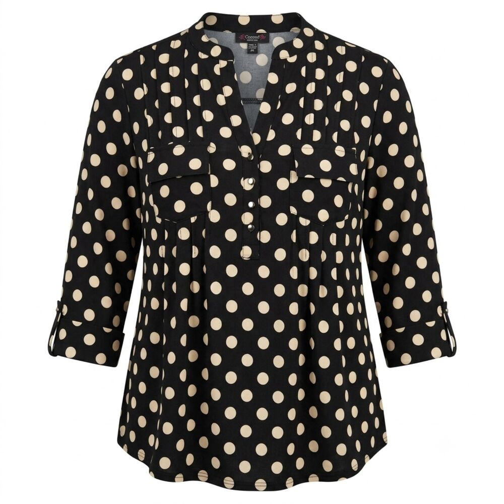 Cocomo Women's Plus Size 2X Black Tan Polka Dot Pintuck 3/4 Sleeve Top